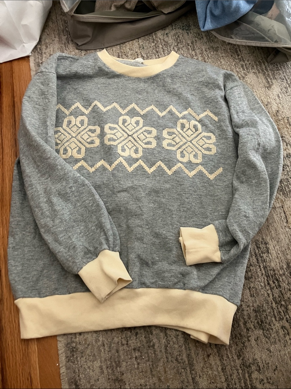 Vintage Grey Crewneck Sweater with Cream Fair Isle Pattern